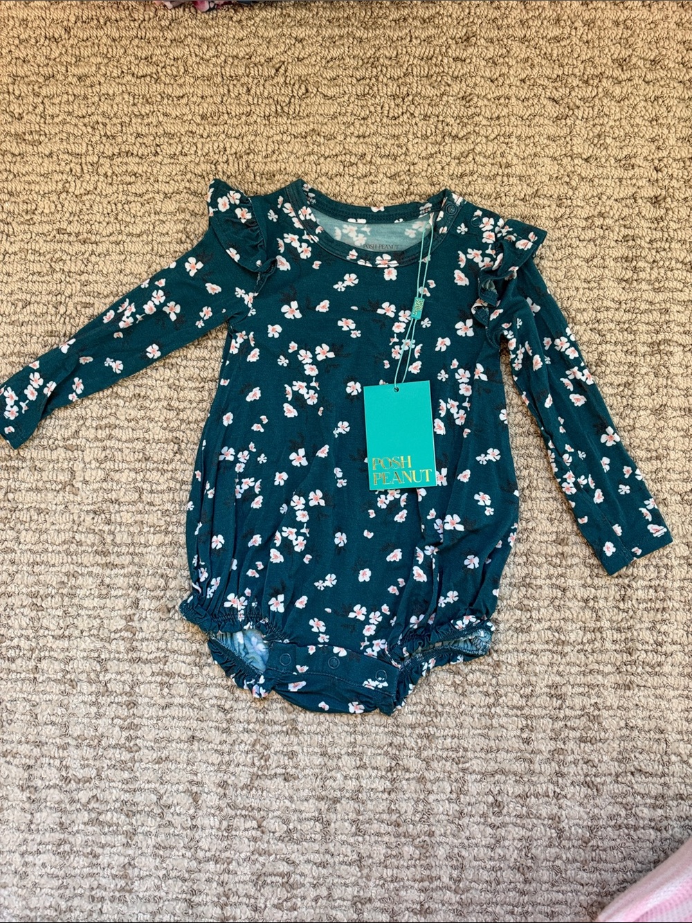 Posh Peanut Teal Floral Ruffle Long-Sleeve One-Piece